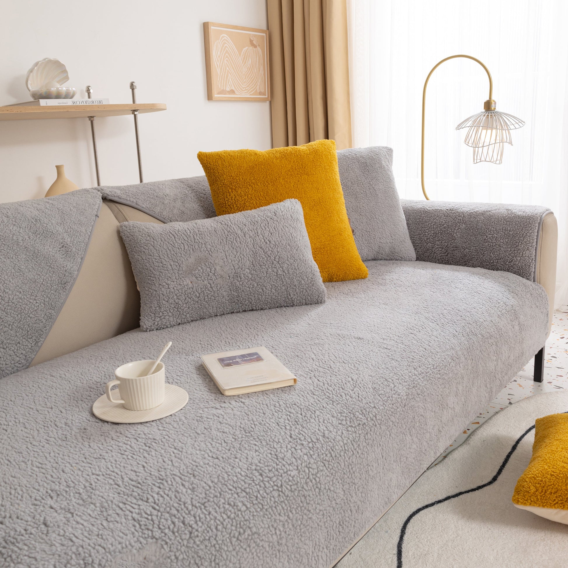 Luxury Sherpa Fleece Solid Sofa Towels Thickened Plush Non Slip Sofa Cushion Covers on a cozy grey and yellow sofa
