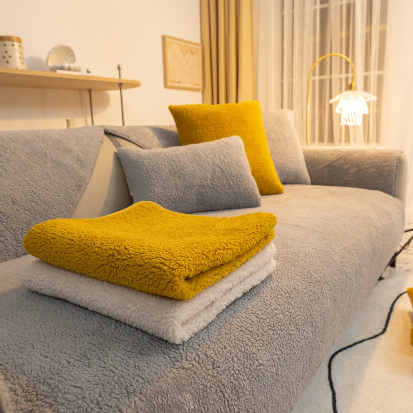 Luxury Sherpa Fleece Solid Sofa Towels Thickened Plush Non Slip Sofa Cushion Covers displayed on a cozy sofa.