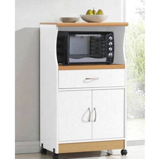 White Kitchen Utility Cabinet Microwave Cart with Caster Wheels featuring storage drawer and shelves