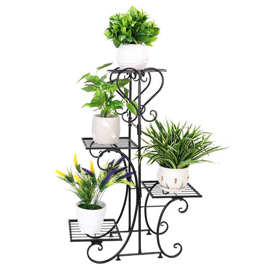 Elegant Black Metal 4-Shelf Plant Stand with decorative plants, showcases iron art design and durability for garden decor.
