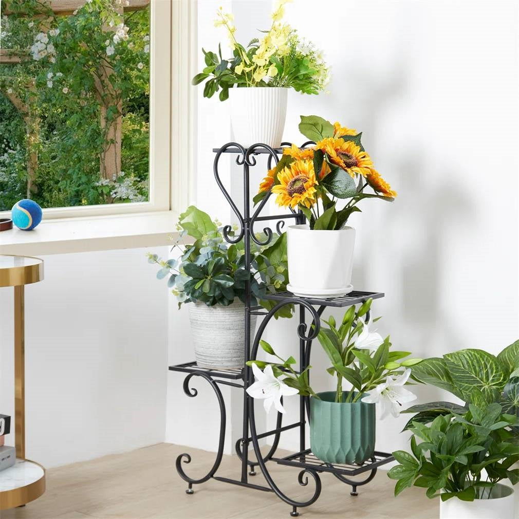 Elegant Black Metal 4-Shelf Plant Stand with potted plants