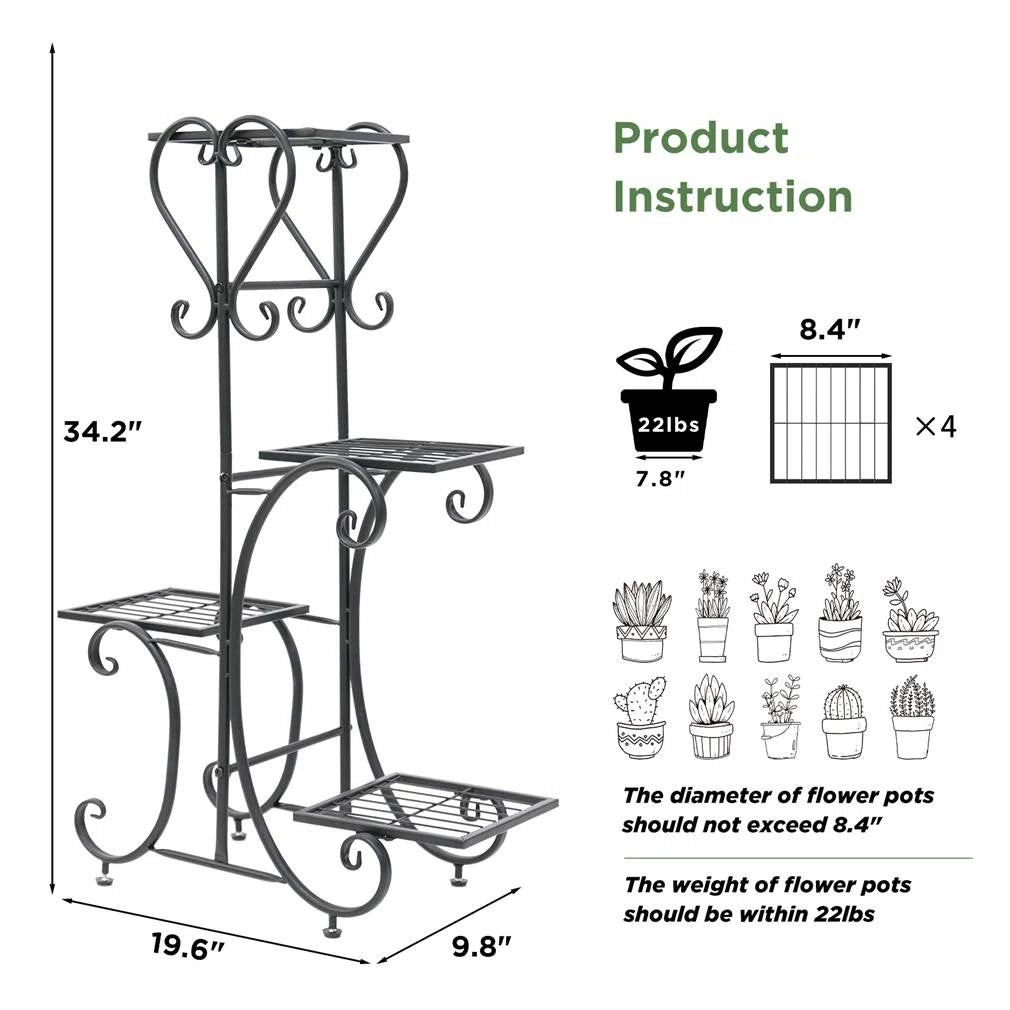 Elegant Black Metal 4-Shelf Plant Stand with design specifications and weight limit guidance for bonsai and planters.