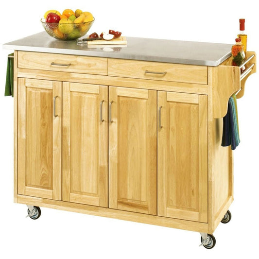 Stainless Steel Top Wooden Kitchen Cart Island with Casters featuring storage cabinets, drawers, spice rack, and paper towel holder.