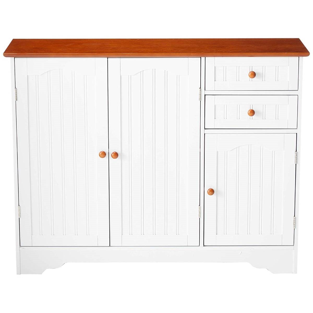 White Wood Sideboard Buffet Cabinet with Walnut Finish Top and Knobs in kitchen setting