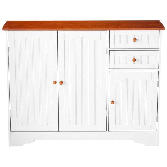 White Wood Sideboard Buffet Cabinet with Walnut Finish Top and Knobs in kitchen setting