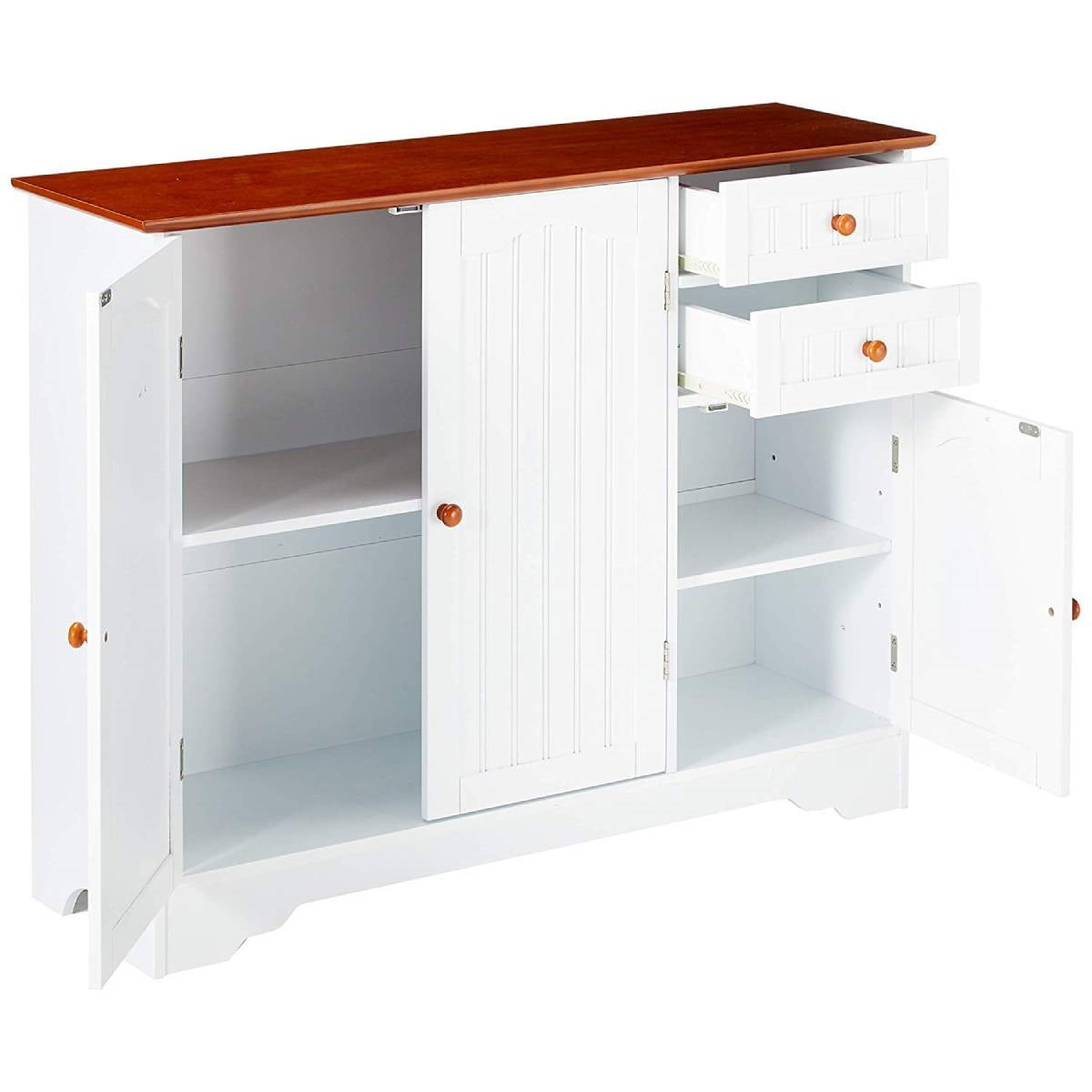 White Wood Sideboard Buffet Cabinet with Walnut Finish Top and Knobs featuring storage shelves and drawers.