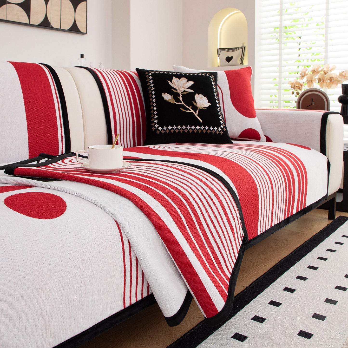 Modern Geometric Sofa Cover - Thick Woven, Pet Friendly, Stylish Couch Protector, featuring bold curves and circular patterns.
