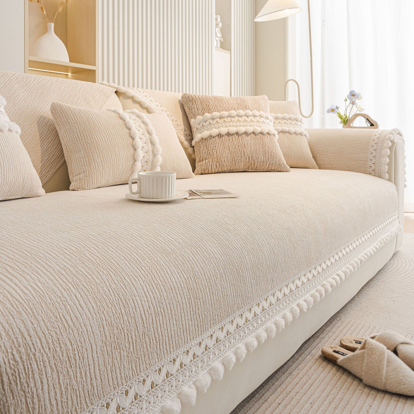 Soft Chenille Sectional Sofa Cover with Pom Pom Trim – Non-Slip Couch Protector, breathable fabric with decorative fringe and lace