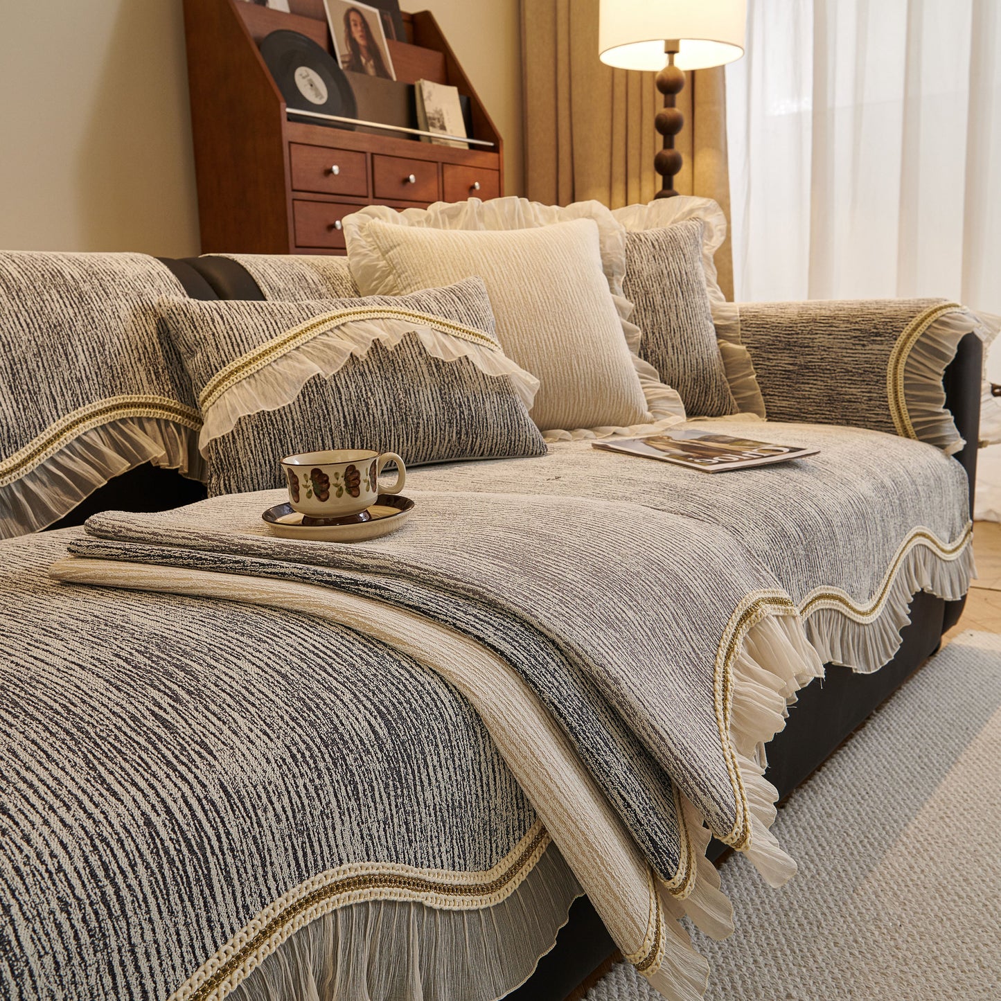 French Vintage Style Couch Cover with Skirt, Non-Slip Sectional Furniture Covers featuring chenille fabric and ruffle edges