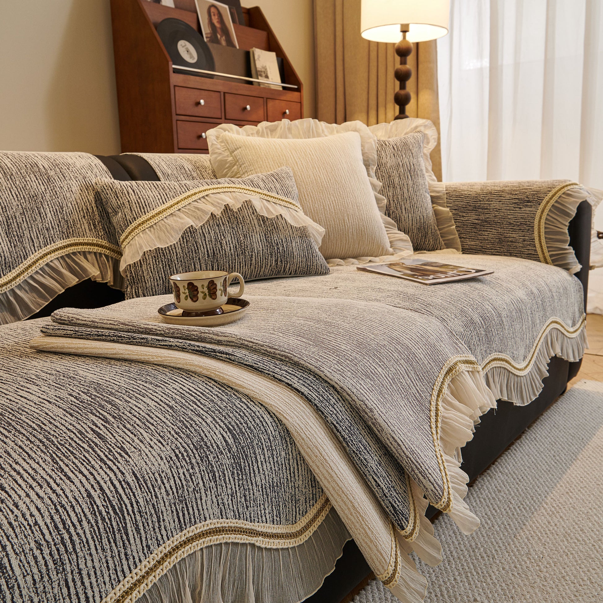 French Vintage Style Couch Cover with Skirt, Non-Slip Sectional Furniture Covers featuring chenille fabric and ruffle edges