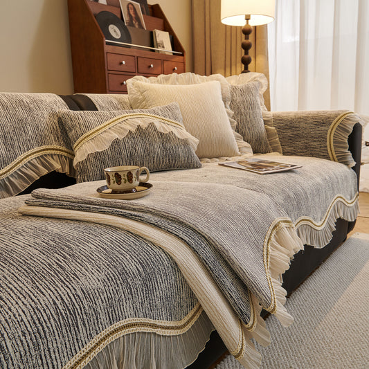French Vintage Style Couch Cover with Skirt, Non-Slip Sectional Furniture Covers featuring chenille fabric and ruffle edges