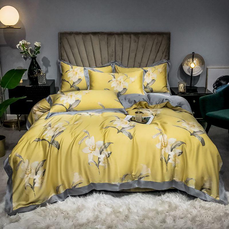 Luxurious bedroom with Orquidea Amarilla Duvet Cover Set (Egyptian Cotton) in yellow floral pattern, creating a sophisticated atmosphere.
