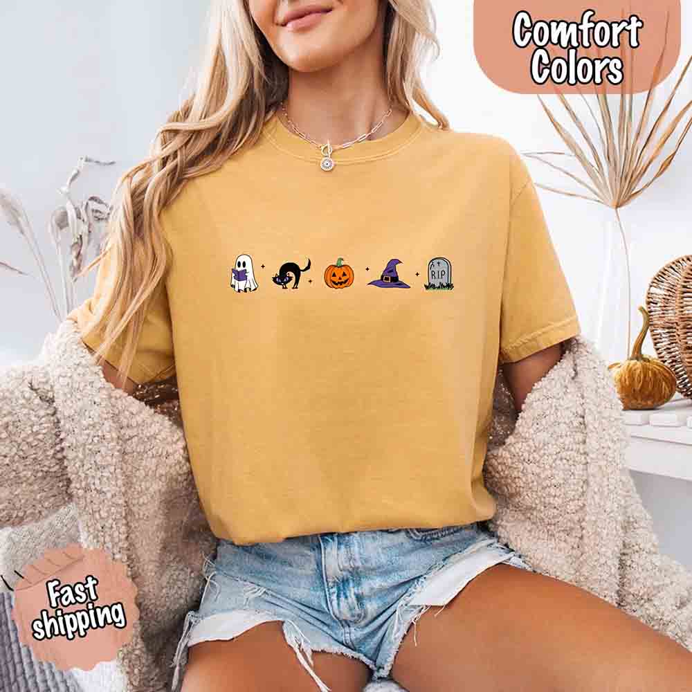 Halloween Icons Comfort Colors Shirt – Pumpkin & Ghost Fall Tee