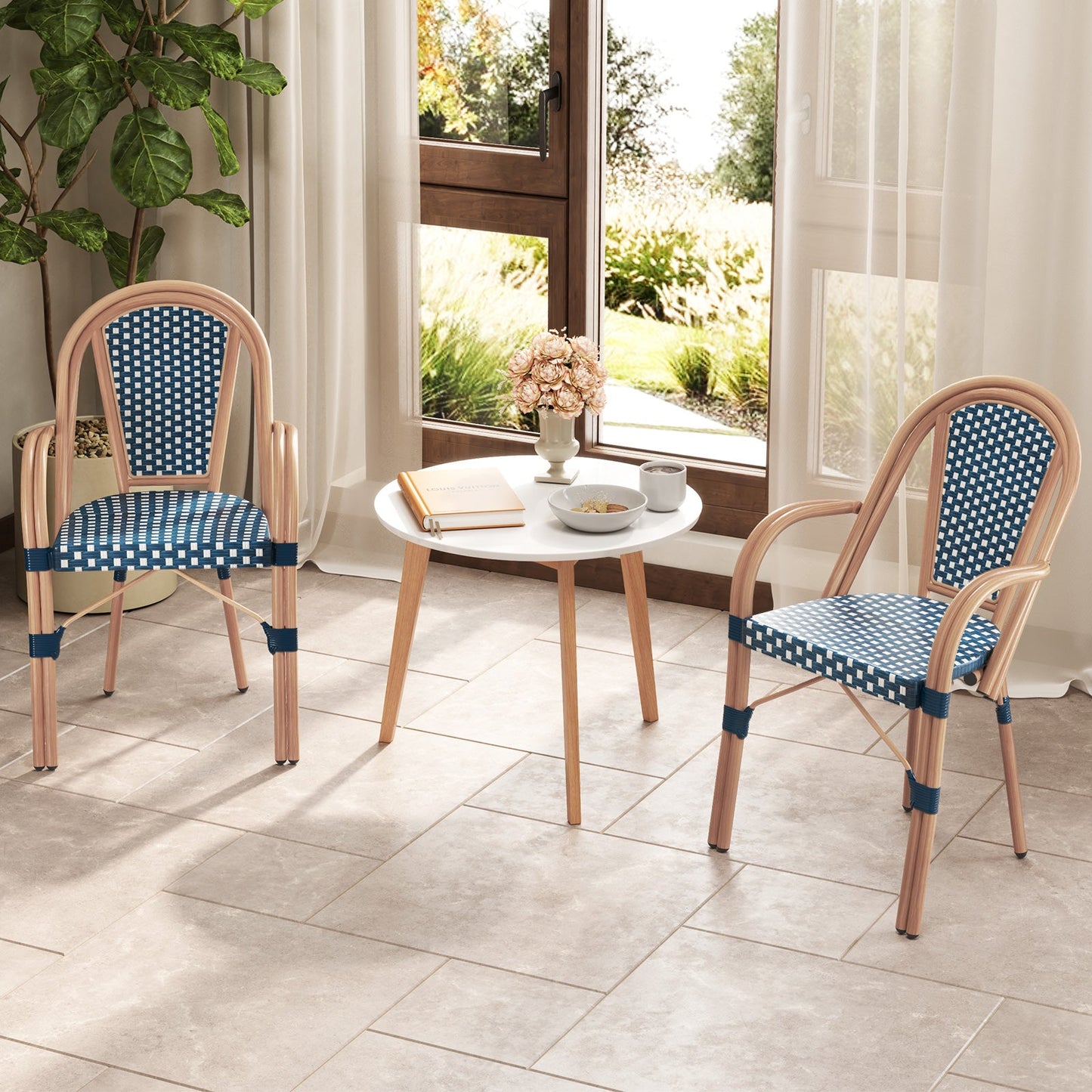 Hand-Woven PE Wicker Outdoor French Bistro Chairs Set of 2-Blue with classic wood-like frames and premium rattan for durability.