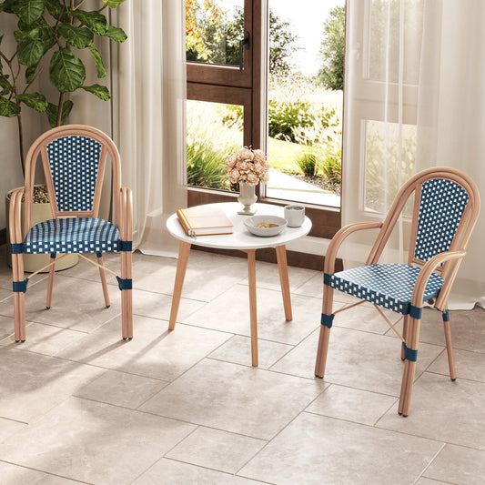 Hand-Woven PE Wicker Outdoor French Bistro Chairs Set of 2-Blue with classic wood-like frames and premium rattan for durability.