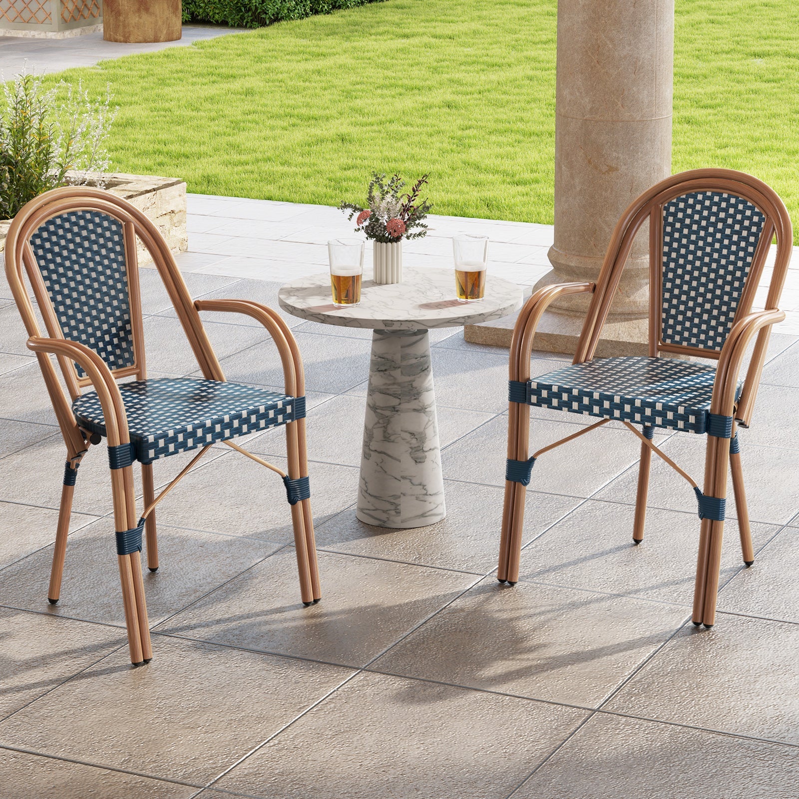 Hand-Woven PE Wicker Outdoor French Bistro Chairs Set of 2-Blue on a patio with a table, wood-like frame, and green lawn backdrop.