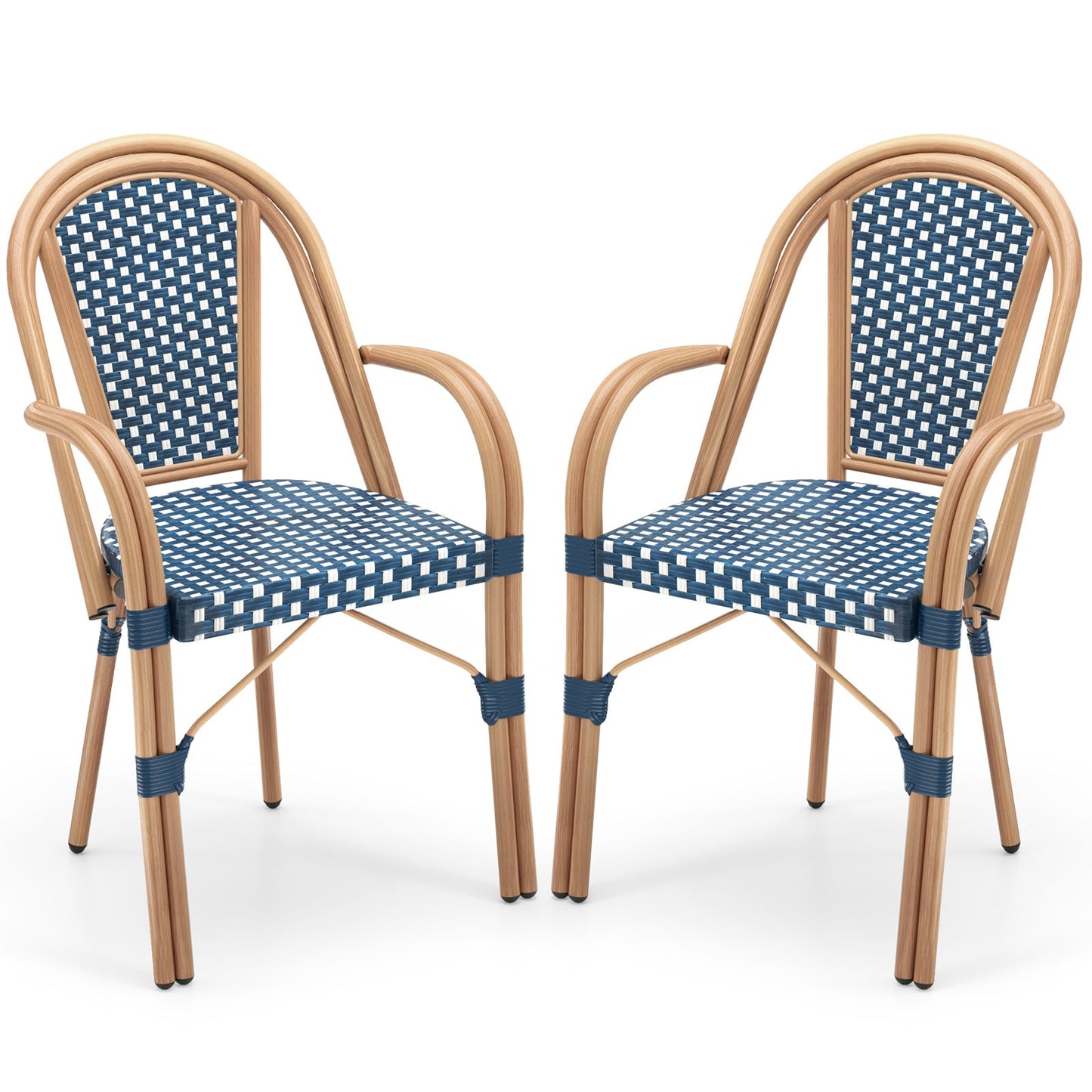 Hand-Woven PE Wicker Outdoor French Bistro Chairs Set of 2-Blue with wood-like frame for garden or patio use