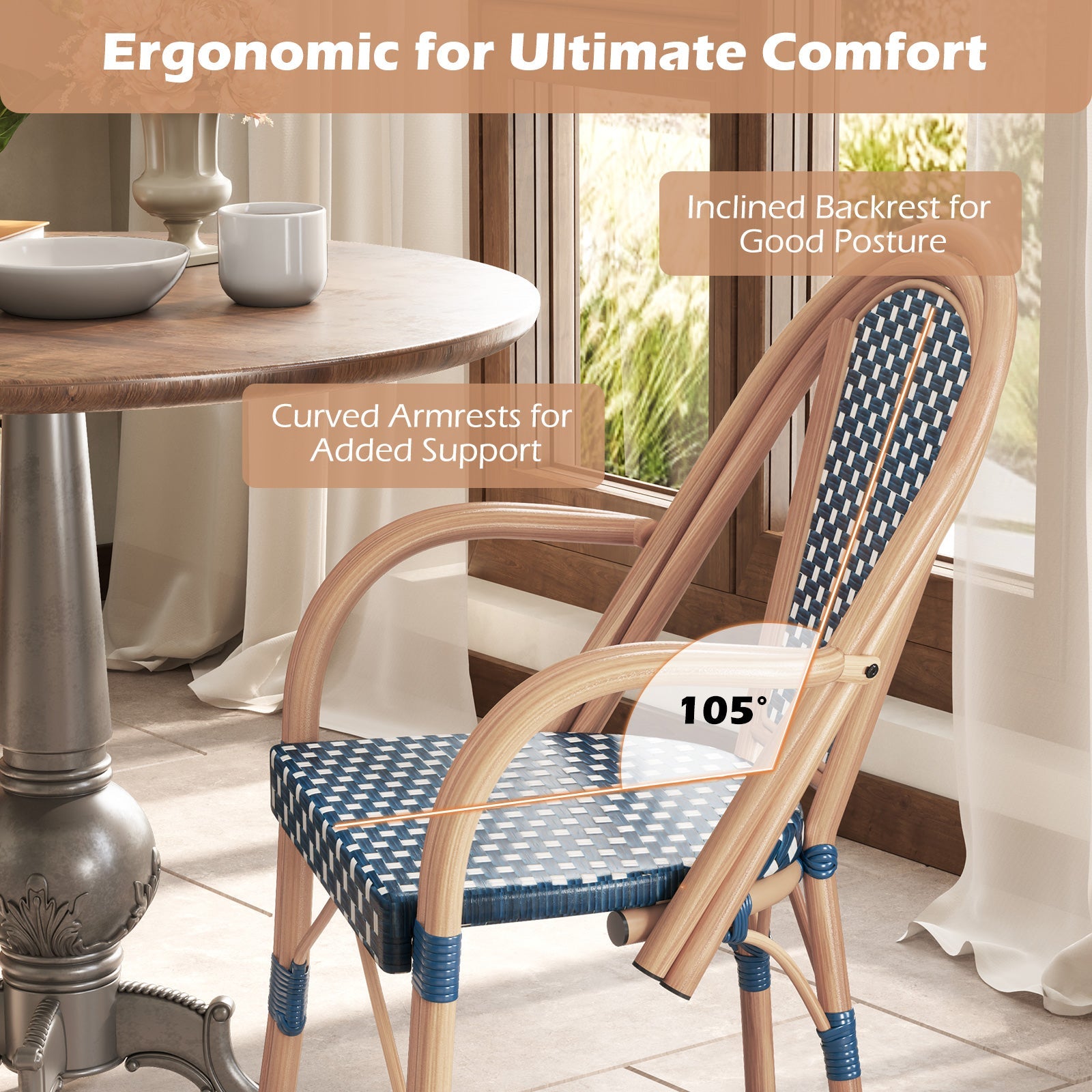 Hand-Woven PE Wicker Outdoor French Bistro Chairs Set of 2-Blue with ergonomic design and curved armrests for comfort