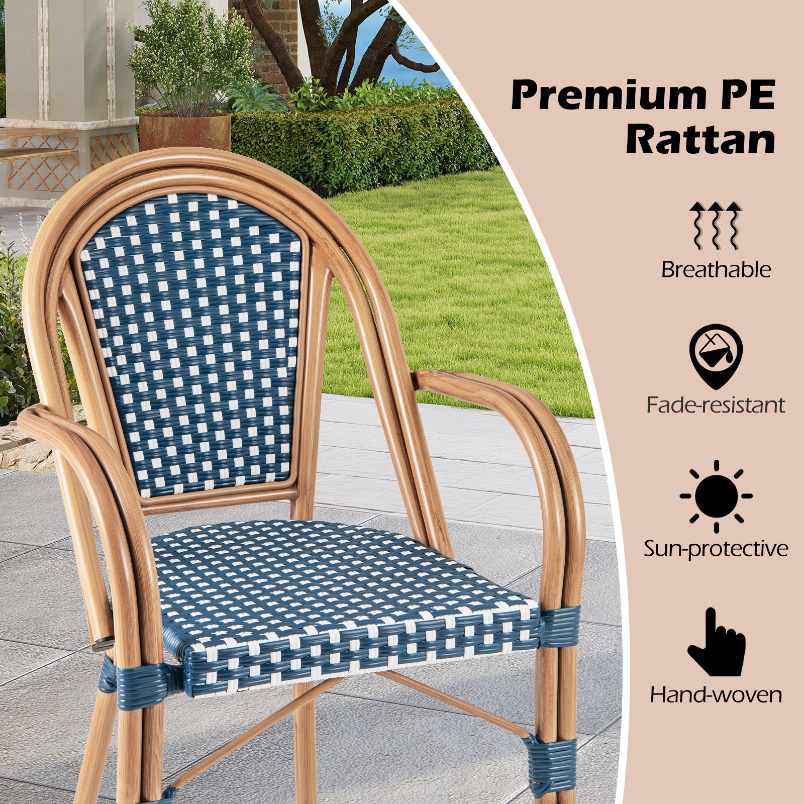 Hand-Woven PE Wicker Outdoor French Bistro Chairs Set of 2-Blue with breathable and fade-resistant rattan