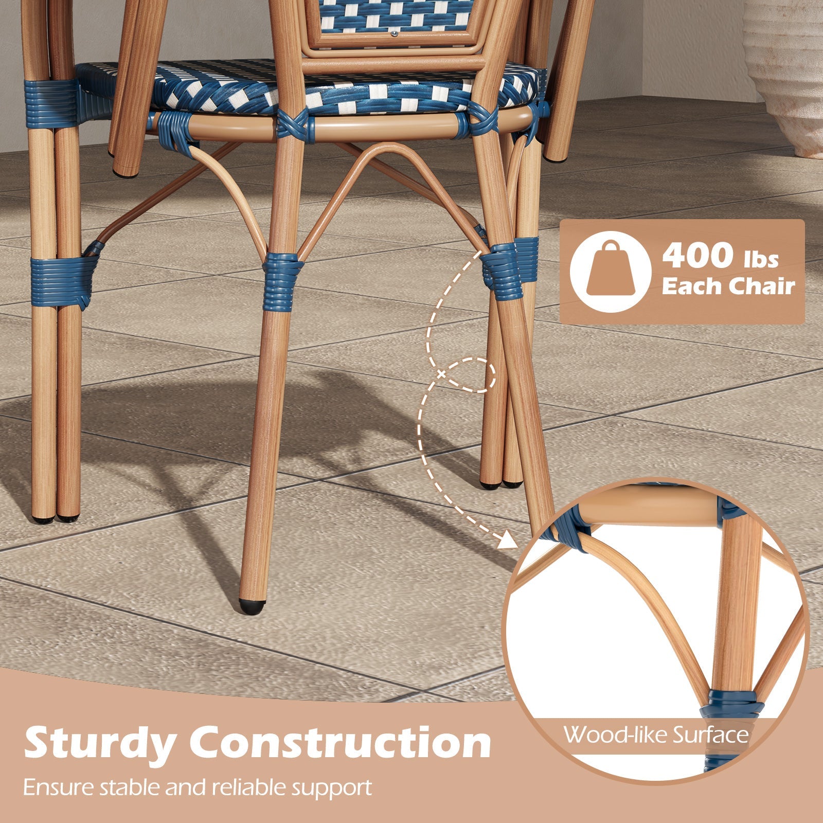 Hand-Woven PE Wicker Outdoor French Bistro Chairs Set of 2-Blue with sturdy galvanized metal frame and wood-like design