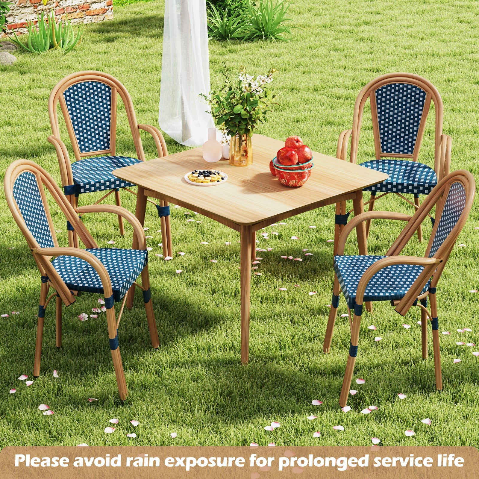 Hand-Woven PE Wicker Outdoor French Bistro Chairs Set of 2-Blue on grass with table