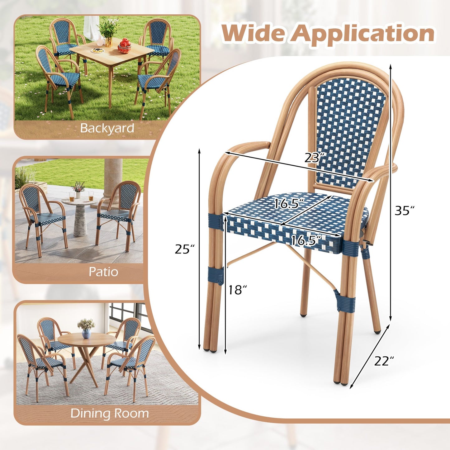 Hand-Woven PE Wicker Outdoor French Bistro Chairs Set of 2-Blue displayed in various settings with dimensions