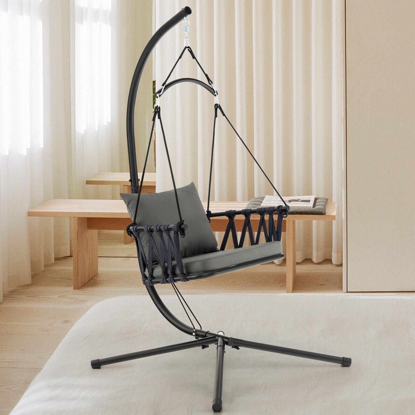 Hanging Swing Chair with Stand-Gray featuring soft cushions, foldable design, and reinforced metal stand for indoor use