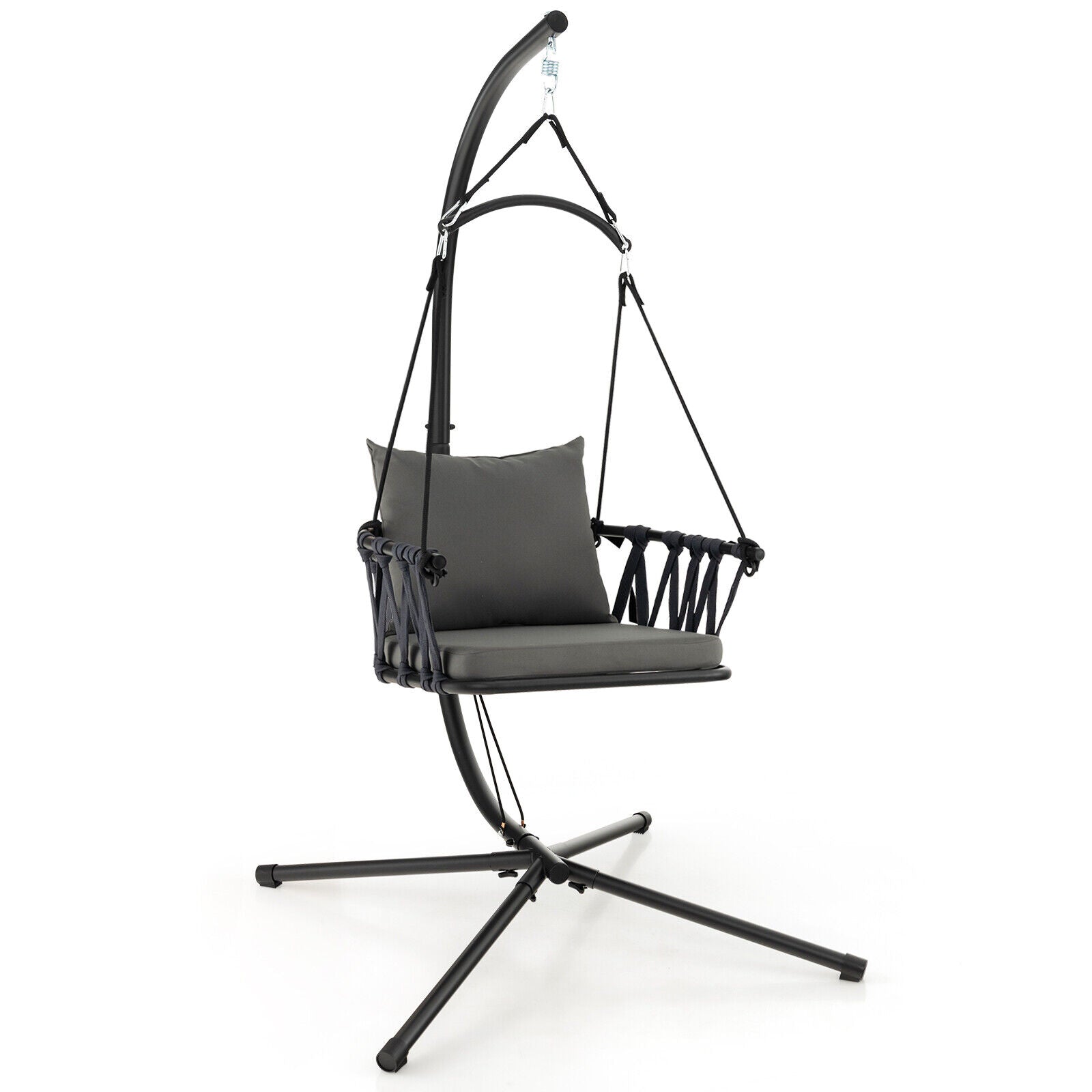 Hanging Swing Chair with Stand-Gray featuring soft cushions, reinforced metal stand, and anti-slip footpads for indoor and outdoor use.