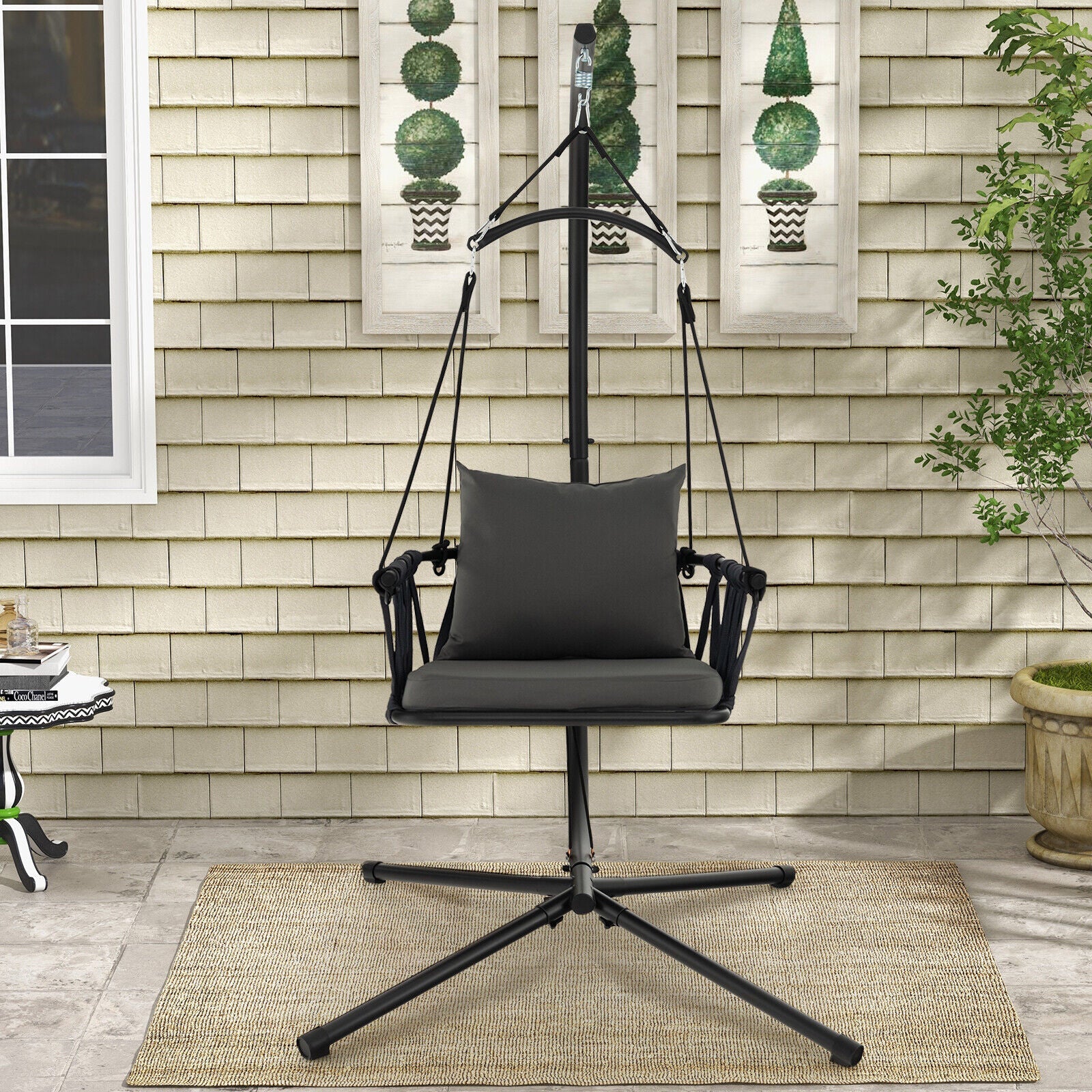 Hanging Swing Chair with Stand-Gray in elegant indoor setting with soft cushions and reinforced metal stand.