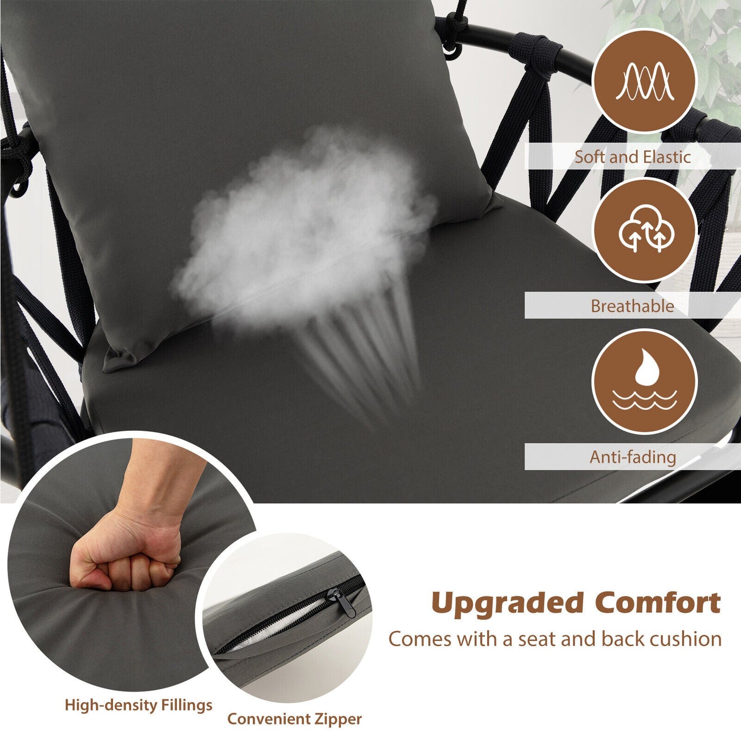 Hanging Swing Chair with Stand-Gray featuring soft cushions, breathable material, and upgraded comfort, shown in a close-up view.
