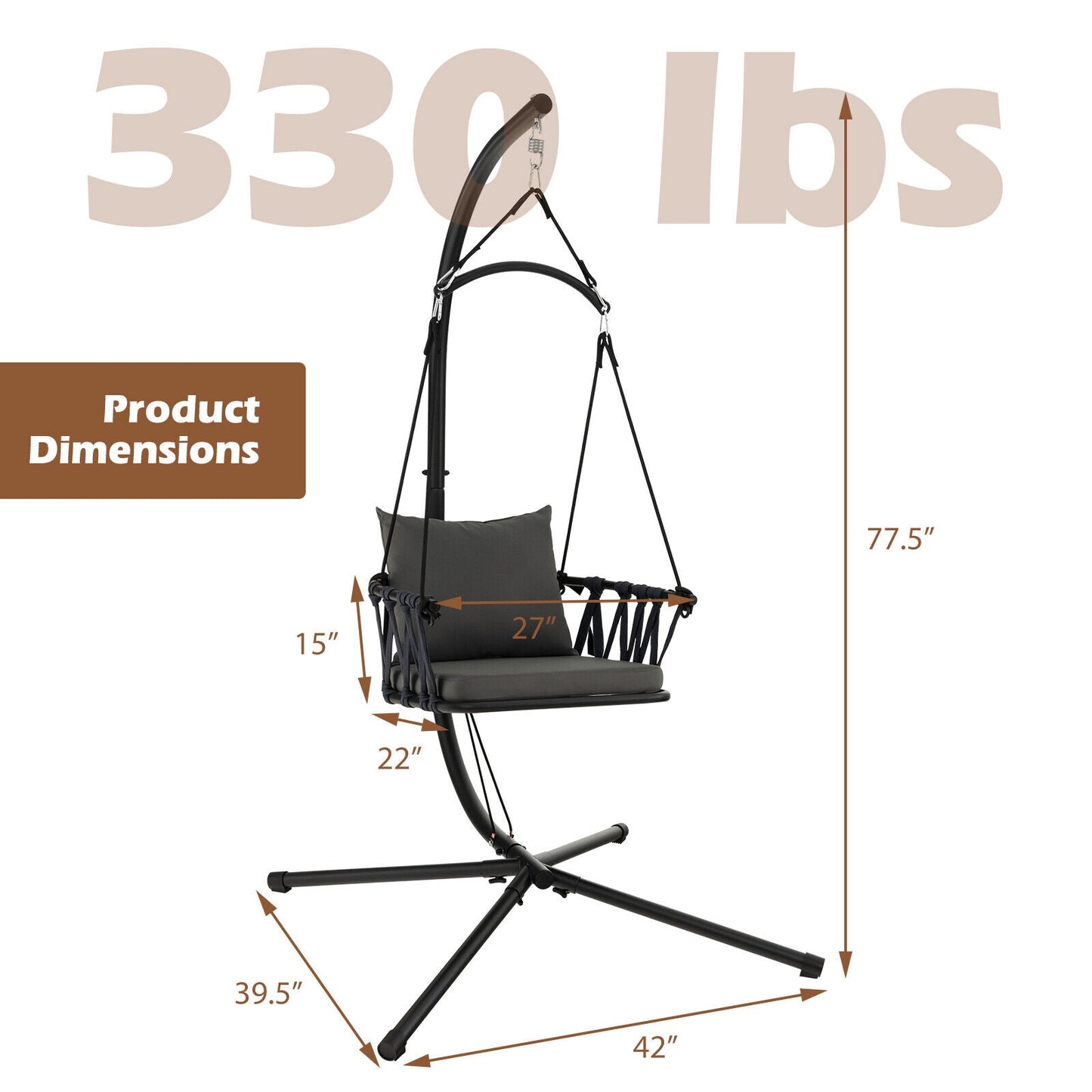 Hanging Swing Chair with Stand-Gray, 330 lbs capacity, dimensions 77.5x27x42 inches, metal stand, indoor and outdoor use.