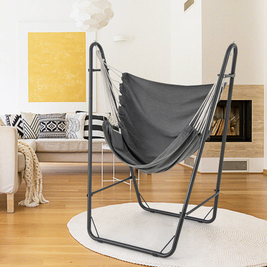 Hammock Chair with Heavy Duty Metal Frame and Side Pocket-Gray in a modern living room setting, ideal for indoor leisure.