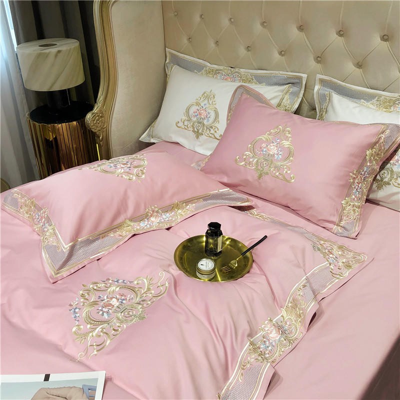 Louis Duvet Cover Set (Egyptian Cotton 1000TC) in luxurious pink with elegant embroidery on a stylish bedroom scene.
