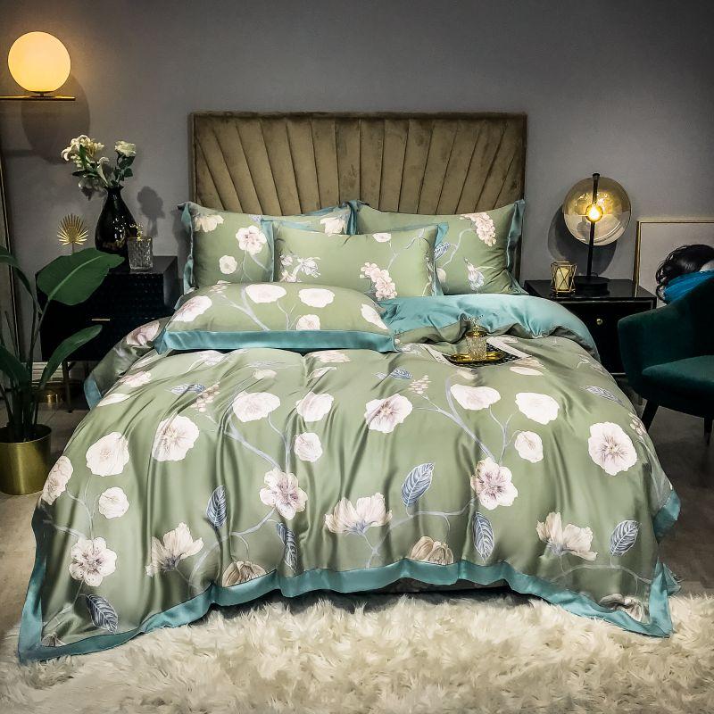 Green Nature Duvet Cover Set (Eucalyptus Lyocell) in elegant floral pattern on a luxurious bedroom setup.