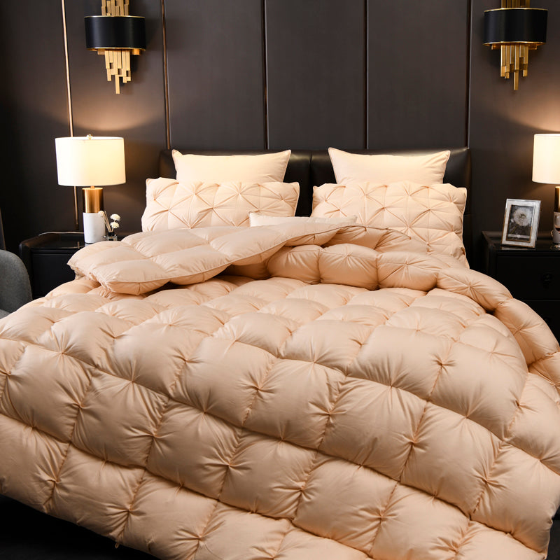 Luxurious Giuseppina 1000 Thread Count Goose Down Comforter Duvet in elegant bedroom setting, showcasing its softness and elegance.