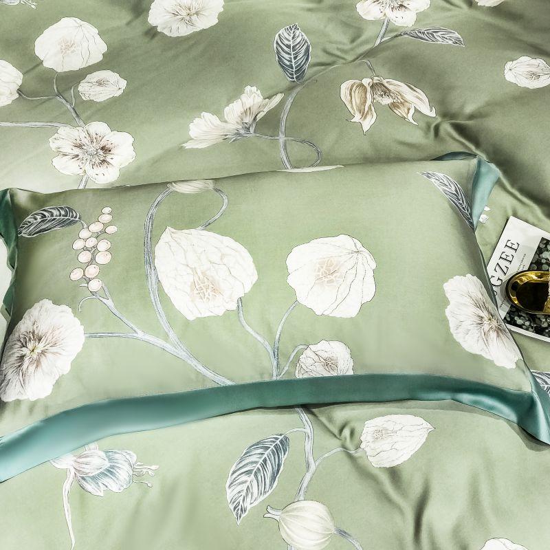 Green Nature Duvet Cover Set (Eucalyptus Lyocell) with floral pattern, offering luxurious sophistication in bedroom decor.
