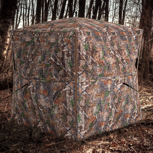 Hunting Blind 360 Degree One-Way See-Through Ground Blind for 2-3 Person with camouflage in forest setup