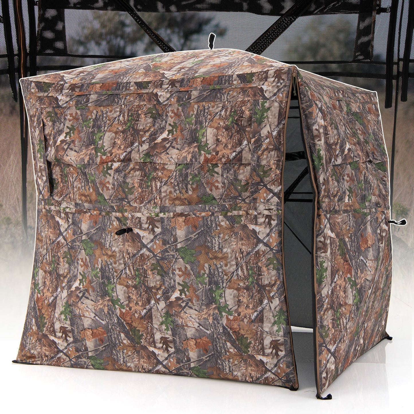 Hunting Blind 360 Degree One-Way See-Through Ground Blind for 2-3 Person with camouflage design and multiple see-through panels.