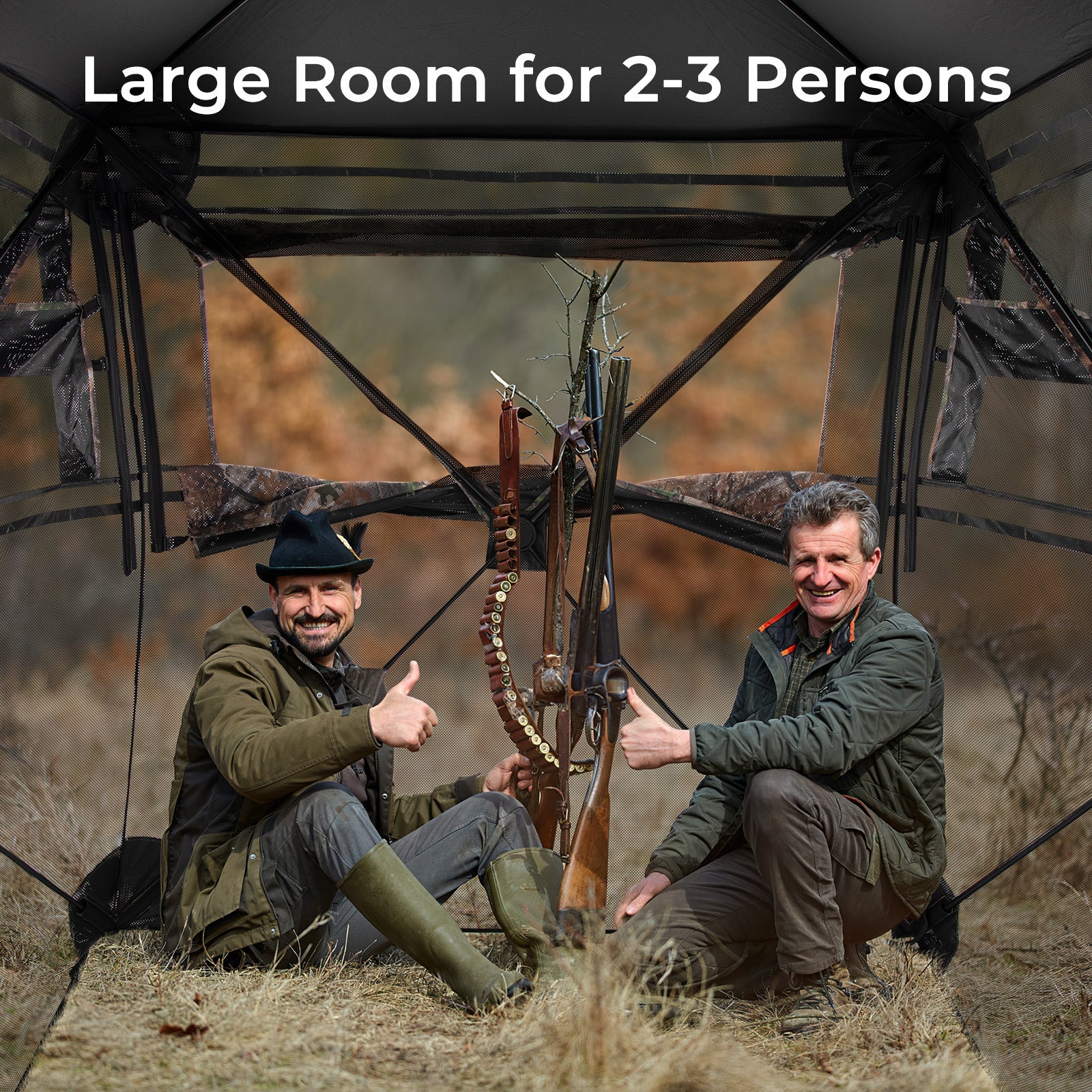Two hunters sitting inside Hunting Blind 360 Degree One-Way See-Through Ground Blind for 2-3 Person, showcasing spacious interior.