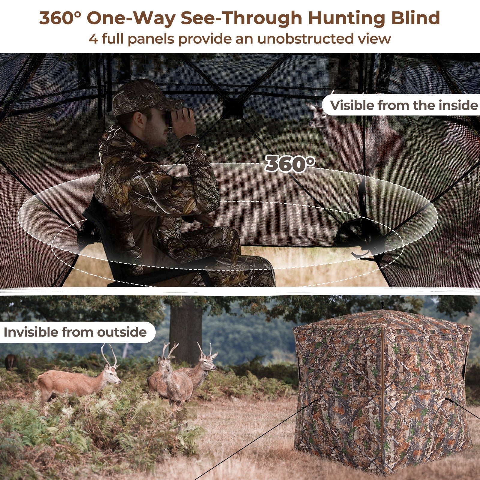 Hunter inside Hunting Blind 360 Degree One-Way See-Through Ground Blind for 2-3 Person with camo pattern exterior