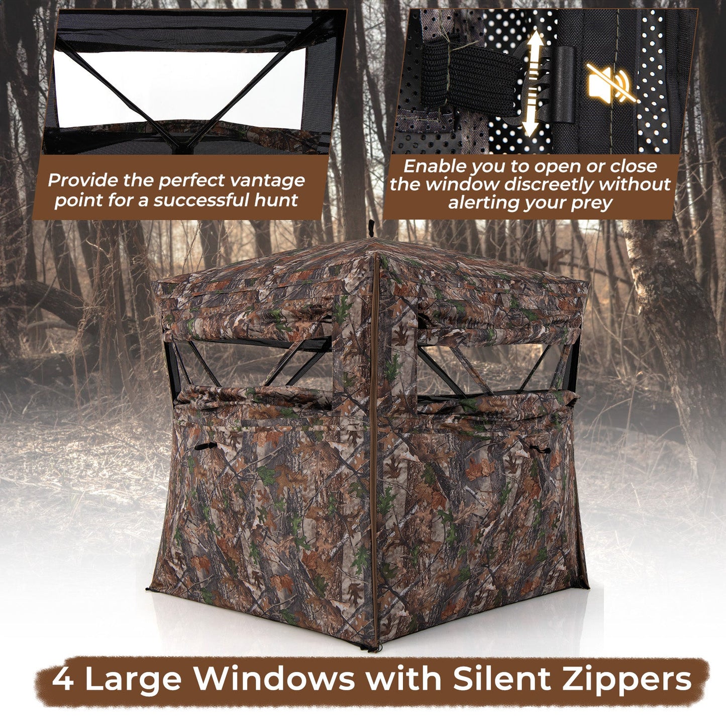 Hunting Blind 360 Degree One-Way See-Through Ground Blind for 2-3 Person with 4 large windows and silent zippers for hunting
