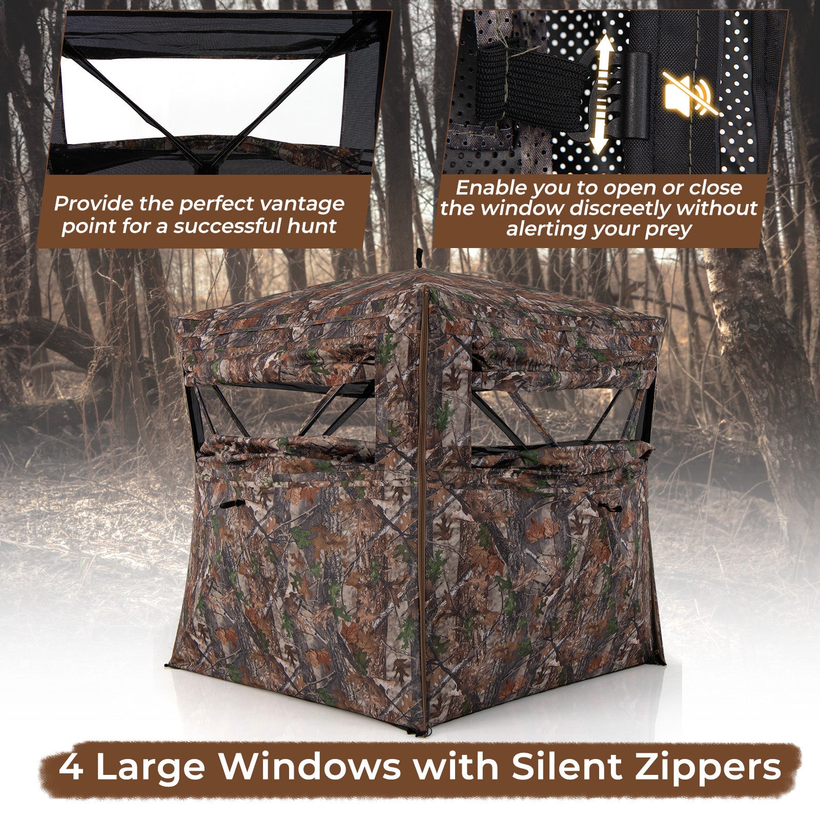 Hunting Blind 360 Degree One-Way See-Through Ground Blind for 2-3 Person with 4 large windows and silent zippers for hunting