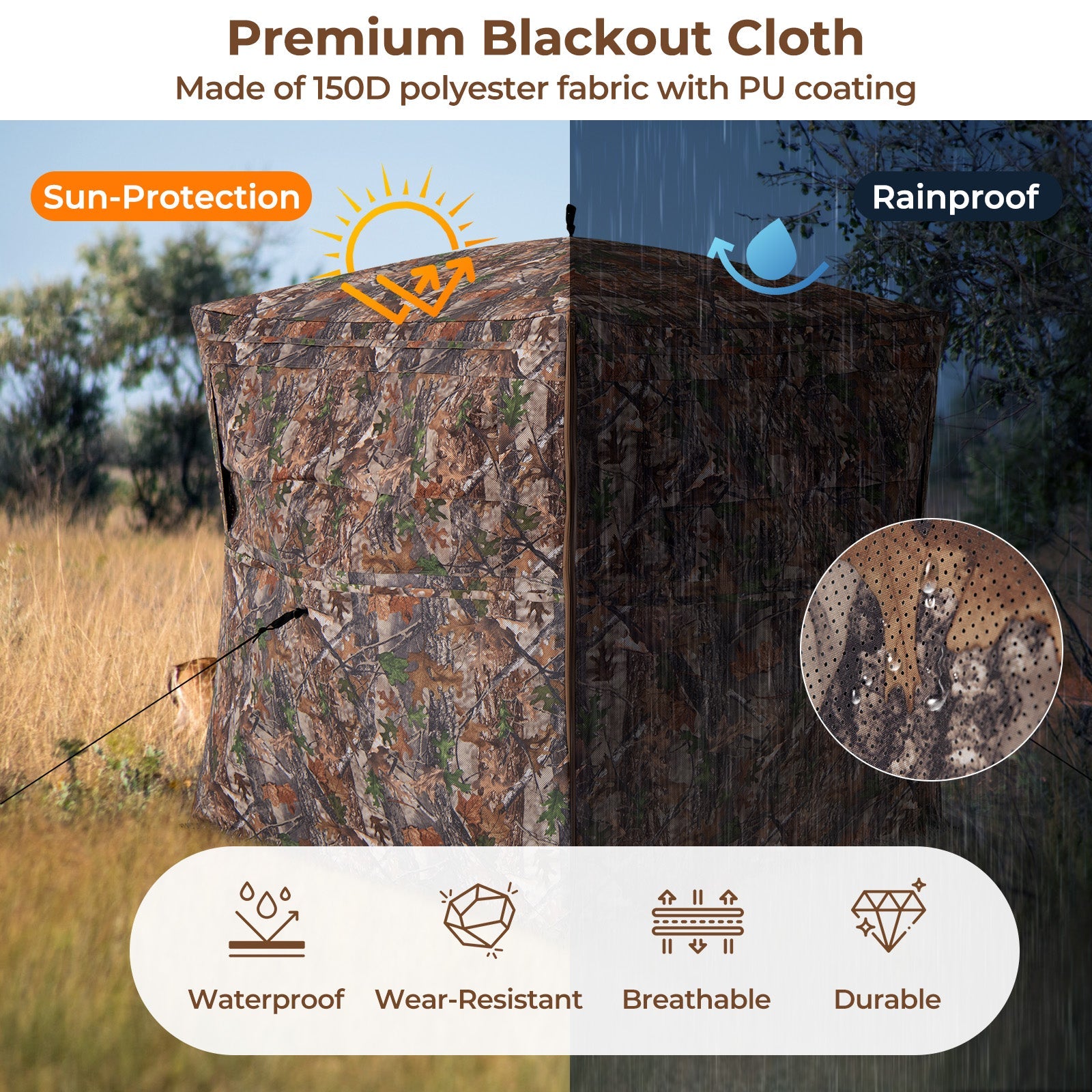 Hunting Blind 360 Degree One-Way See-Through Ground Blind for 2-3 Person with premium blackout cloth, sun and rain protection.