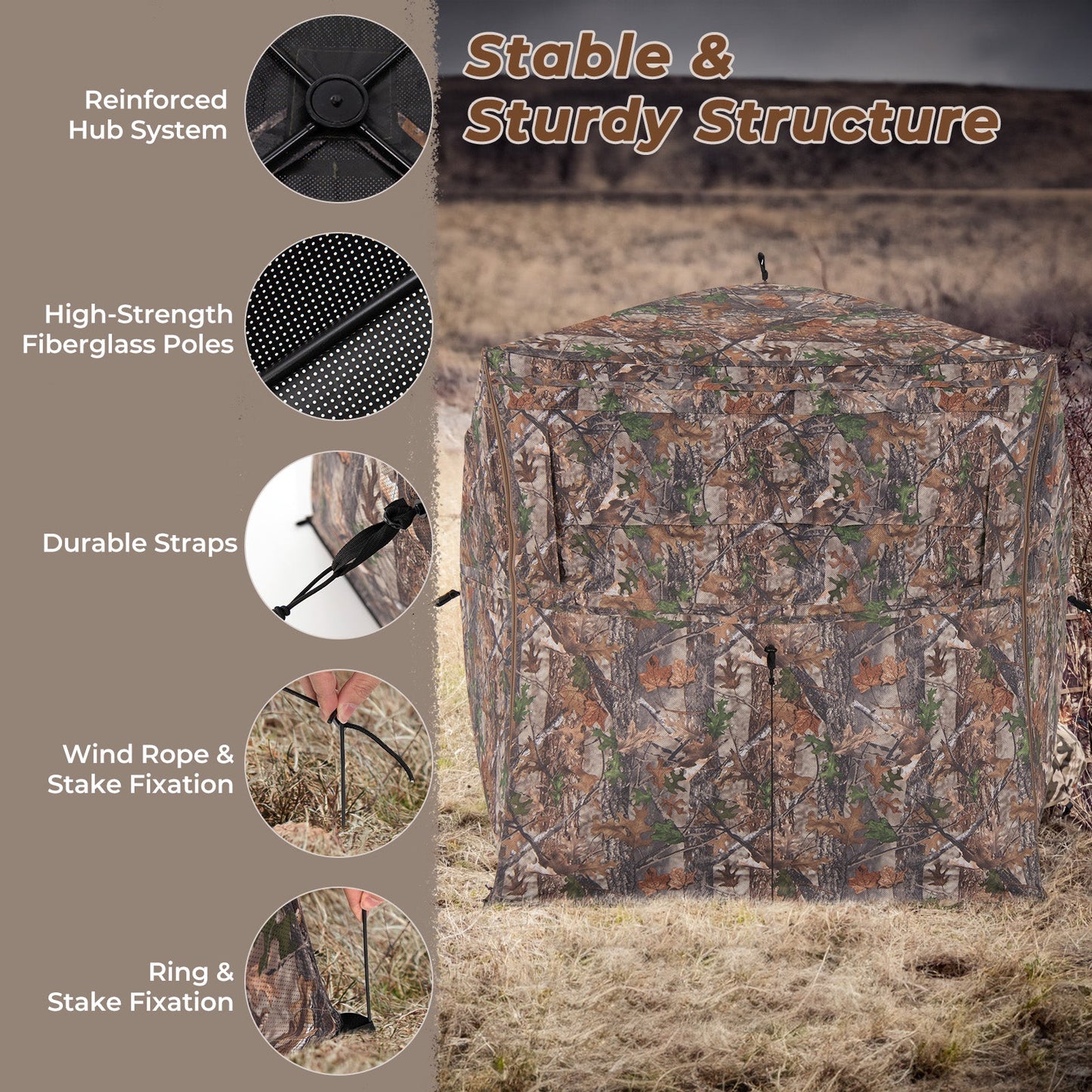 Hunting Blind 360 Degree One-Way See-Through Ground Blind for 2-3 Person with reinforced structure and camouflage pattern
