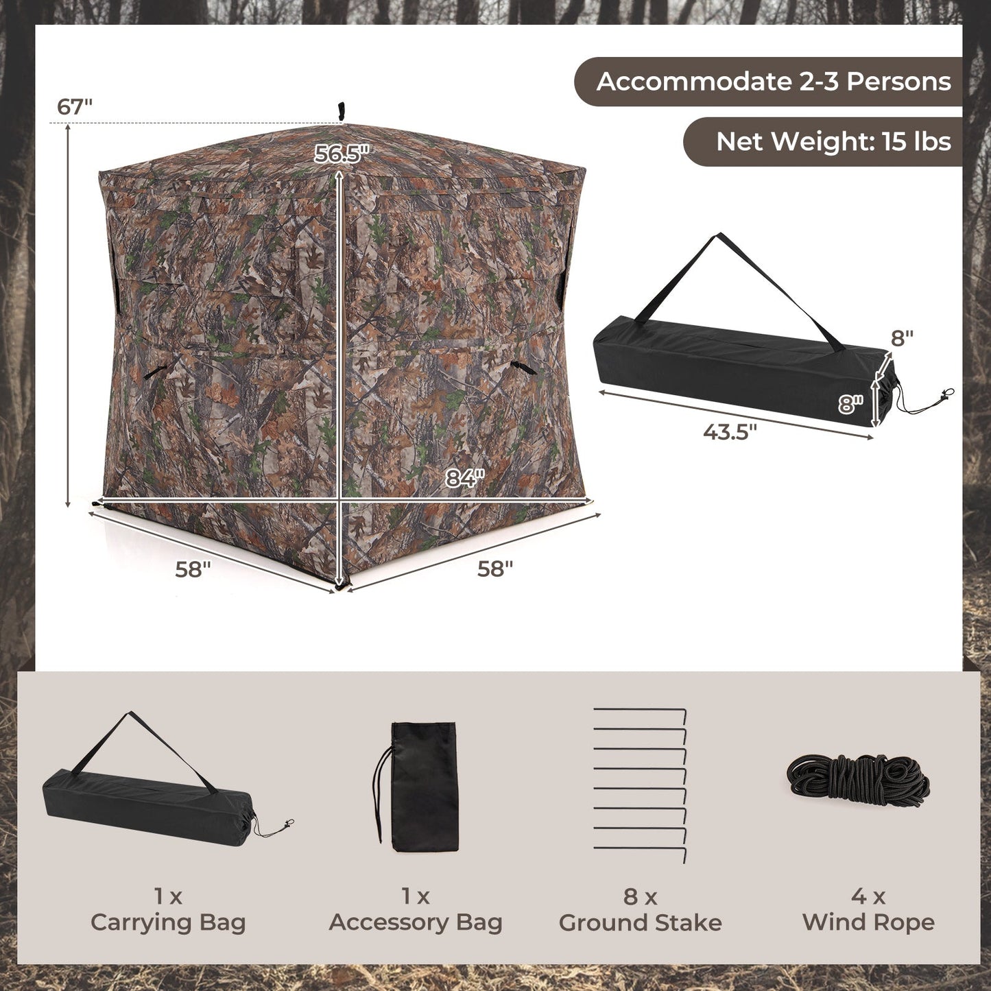 Hunting Blind 360 Degree One-Way See-Through Ground Blind for 2-3 Person with accessories and dimensions displayed