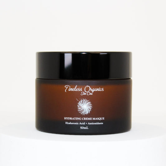 Deep Hydration + Antioxidant Creme Masque jar with hyaluronic acid and antioxidant ingredients for soothing and hydrating skin.