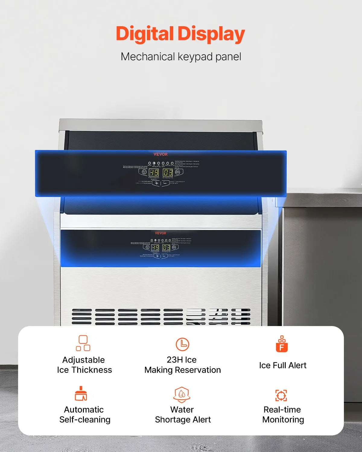 VEVOR 440lbs/24H Commercial Ice Maker with digital display and features like self-cleaning and real-time monitoring.