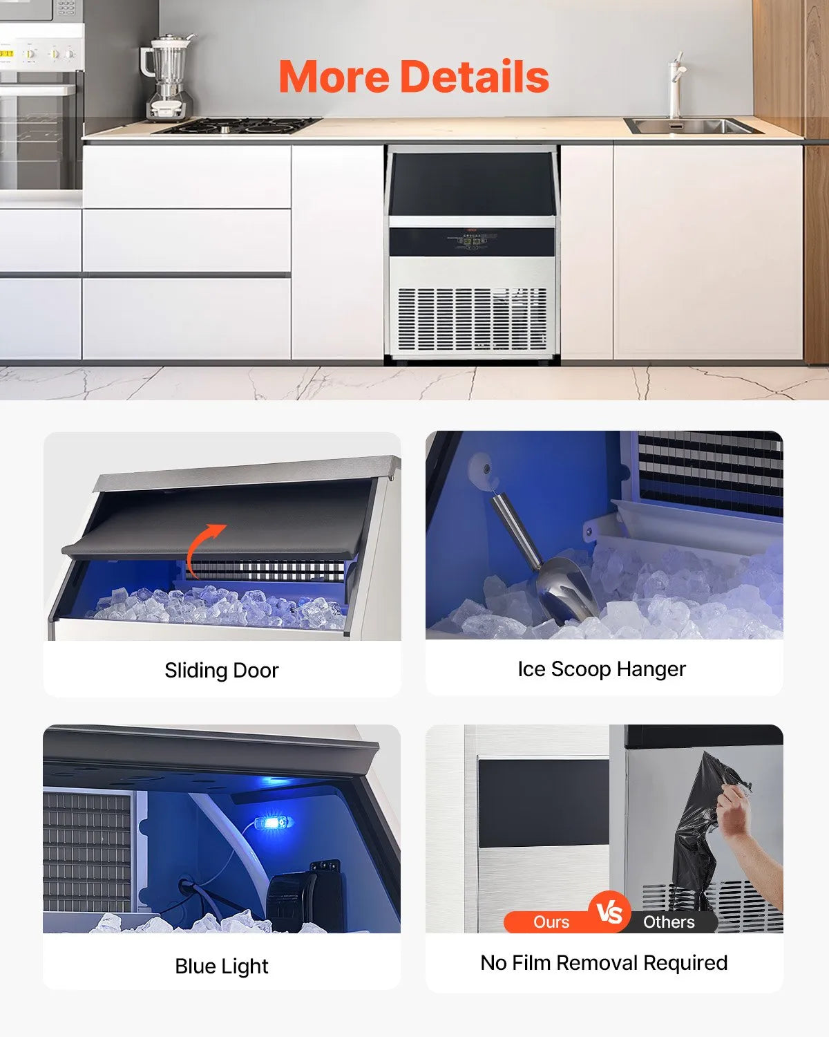 VEVOR 440lbs/24H Commercial Ice Maker with sliding door, ice scoop hanger, and blue light features in a kitchen setting.