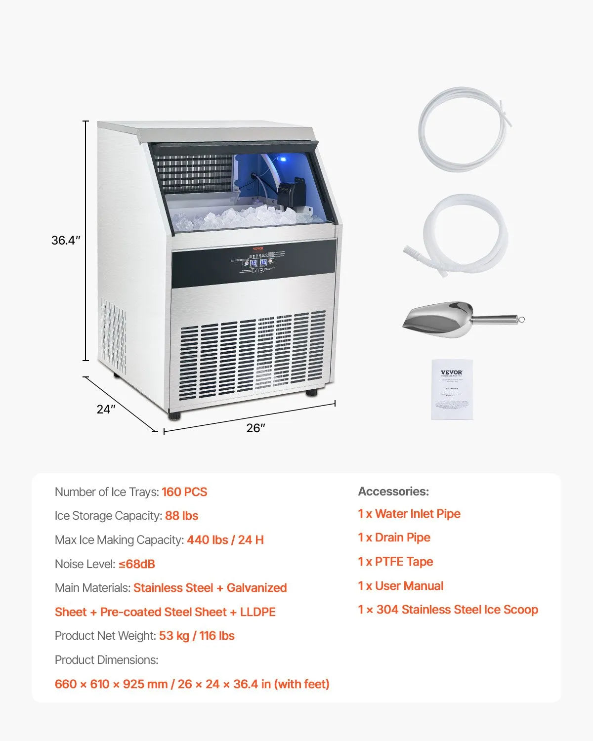 VEVOR 440lbs/24H Commercial Ice Maker with accessories and stainless steel body