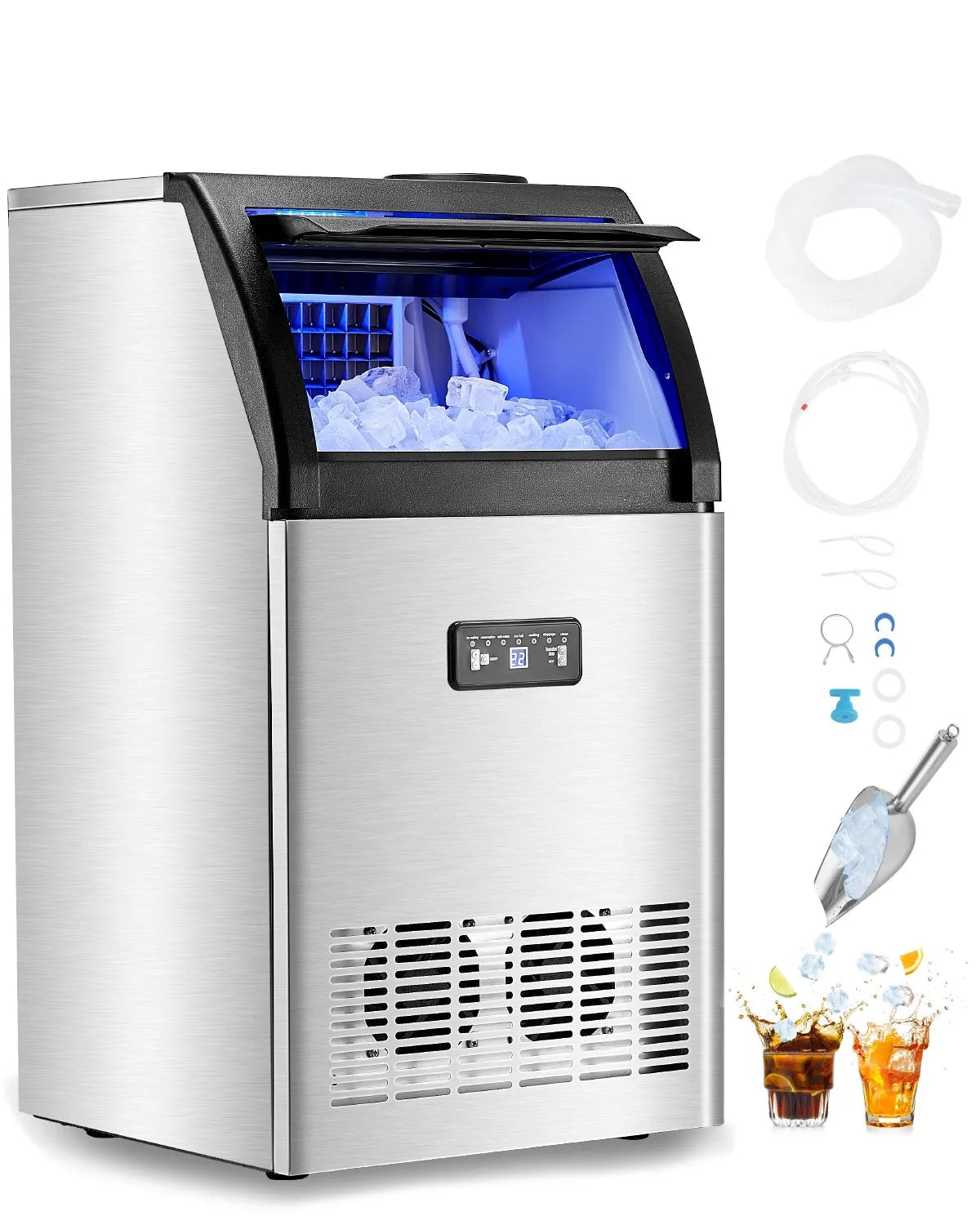 VEVOR Commercial Ice Maker Machine, 130lbs/24H Ice Maker Machine with 33lbs Storage Capacity, shown with ice and accessories